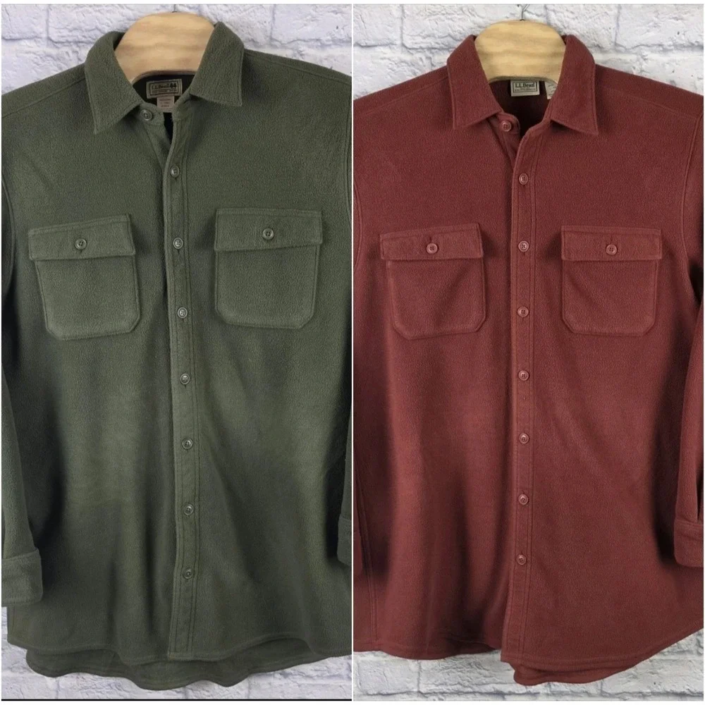 Lot 2 LL Bean Men Red Green Fleece Full Button Shirt Jacket Sweater‎ Large TALL